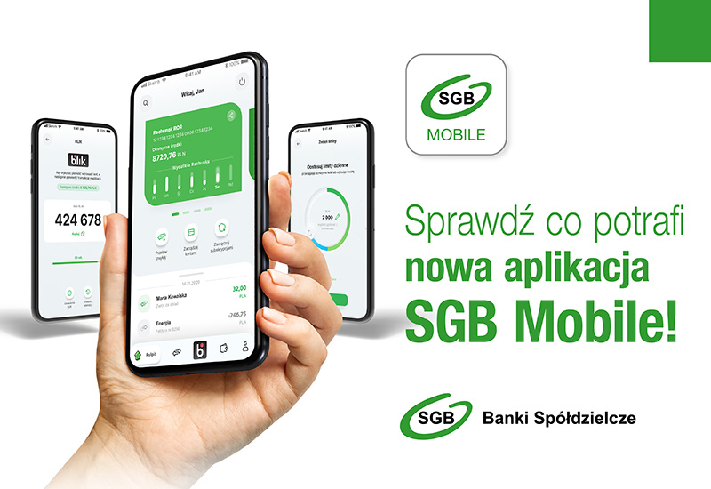 Nowa aplikacja SGB Mobile na telefonie, prezentująca funkcje bankowe i interfejs użytkownika.