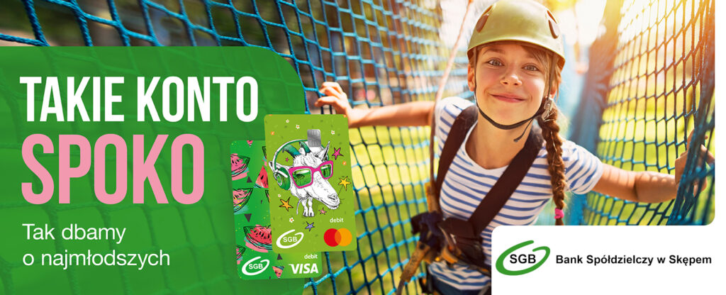Dziecko w parku promujące konto bankowe SGB dla najmłodszych.