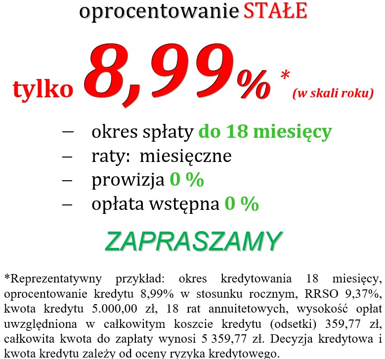 Promocja kredytowa 8,99% na 18 miesięcy, prowizja 0%, brak opłaty wstępnej. Zapraszamy!